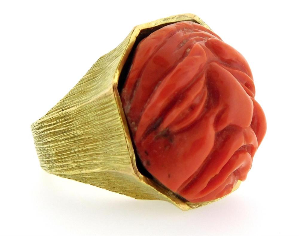 JEWELRY: STAMPED 18KY CORAL RING,