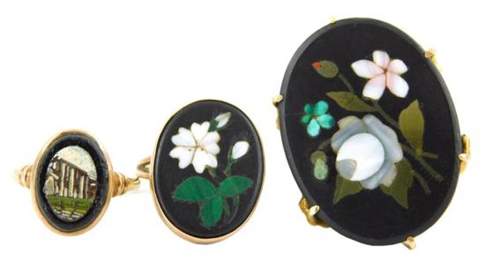 JEWELRY: THREE PIETRA DURA RINGS,
