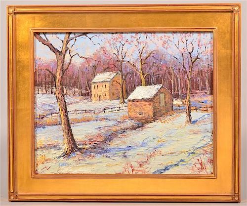 JIM LUKENS WINTER FARM SCENE OIL ON