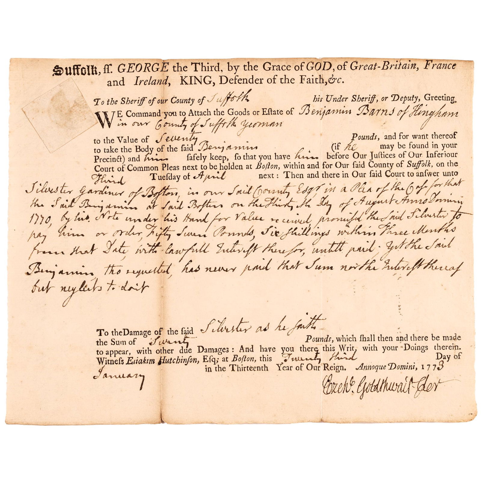 JOHN ADAMS 1773-DATED BOSTON