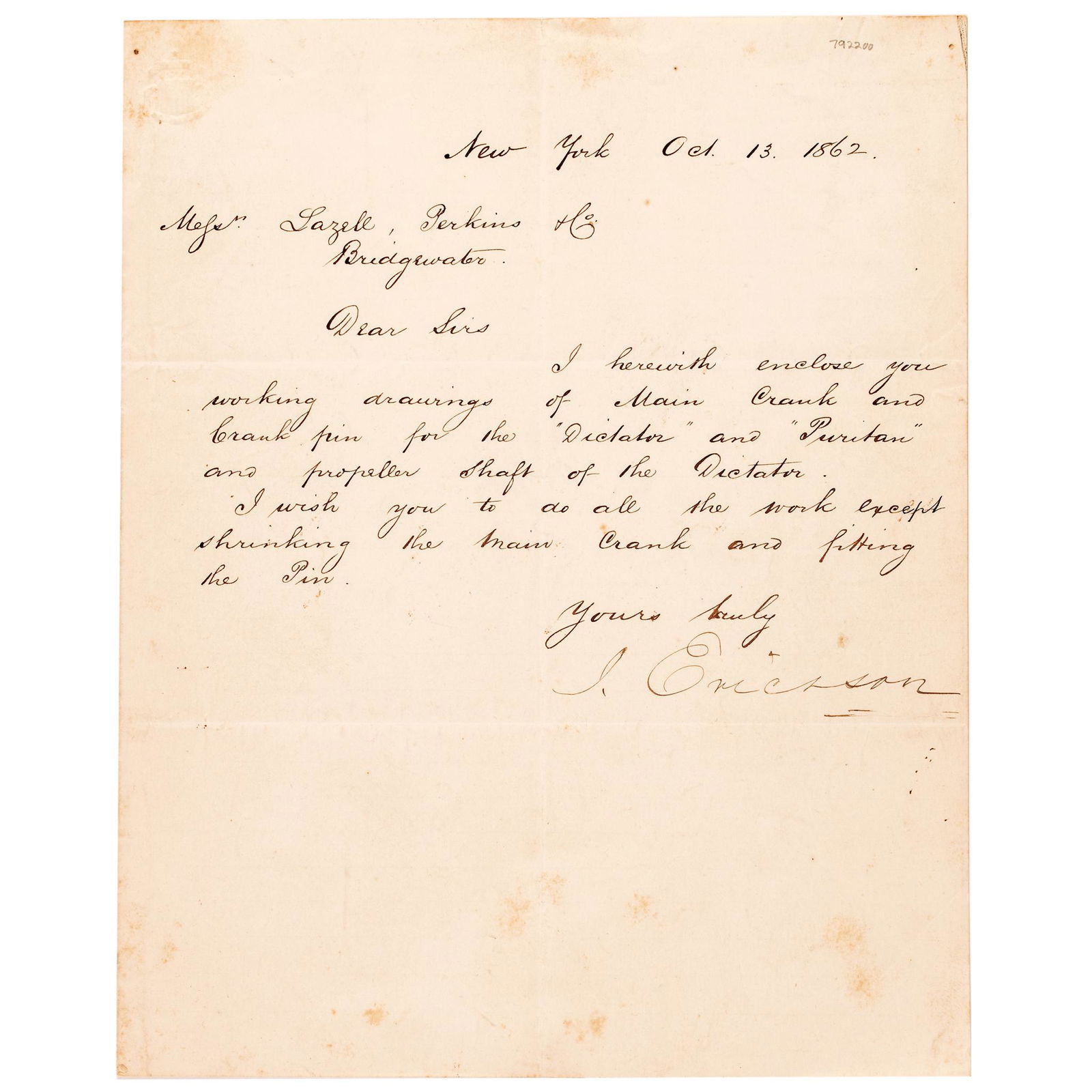 JOHN ERICSSON AUTOGRAPHED LETTER