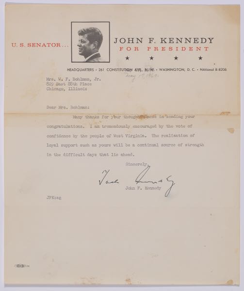 JOHN F. KENNEDY LETTER, SIGNED
