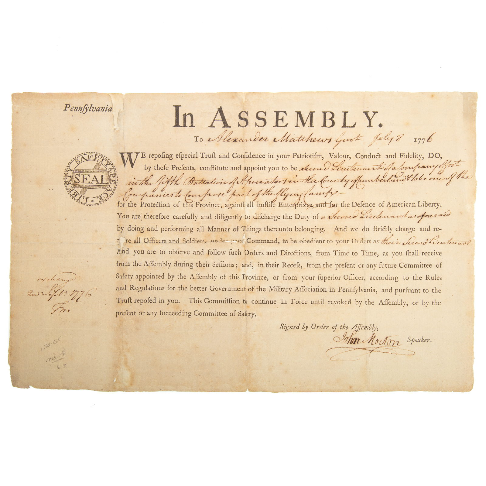JOHN MORTON, SIGNER, DS, JULY, 1776
