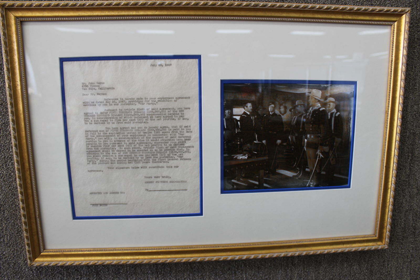 JOHN WAYNE SIGNED AGREEMENT WITH