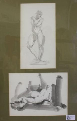 JONES. 2 Charcoal & Ink Wash Figure