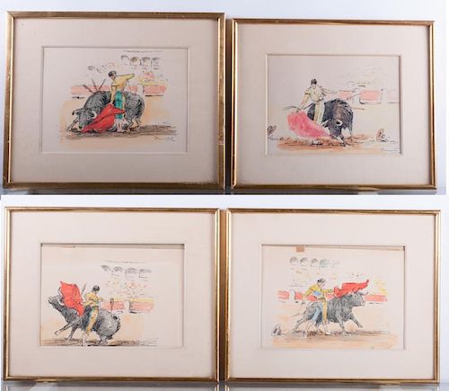 JOSE PUENTE BULL FIGHT WATERCOLORS,
