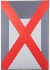JOYCE DREWANZ. RED X ON GREY,