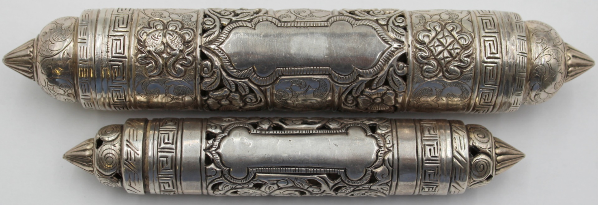 JUDAICA. (2) SILVER MEZUZAH