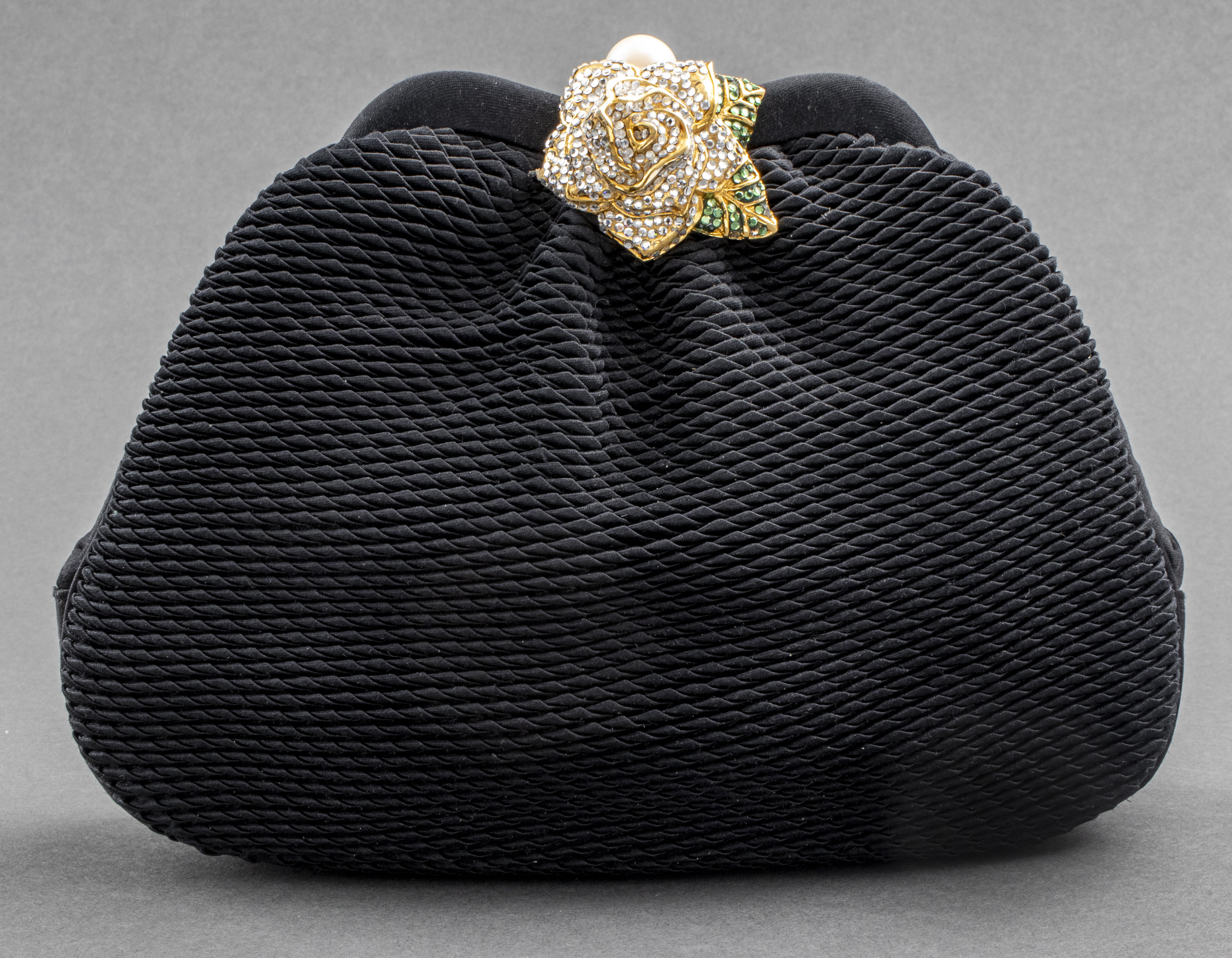JUDITH LEIBER BLACK SATIN & CRYSTAL