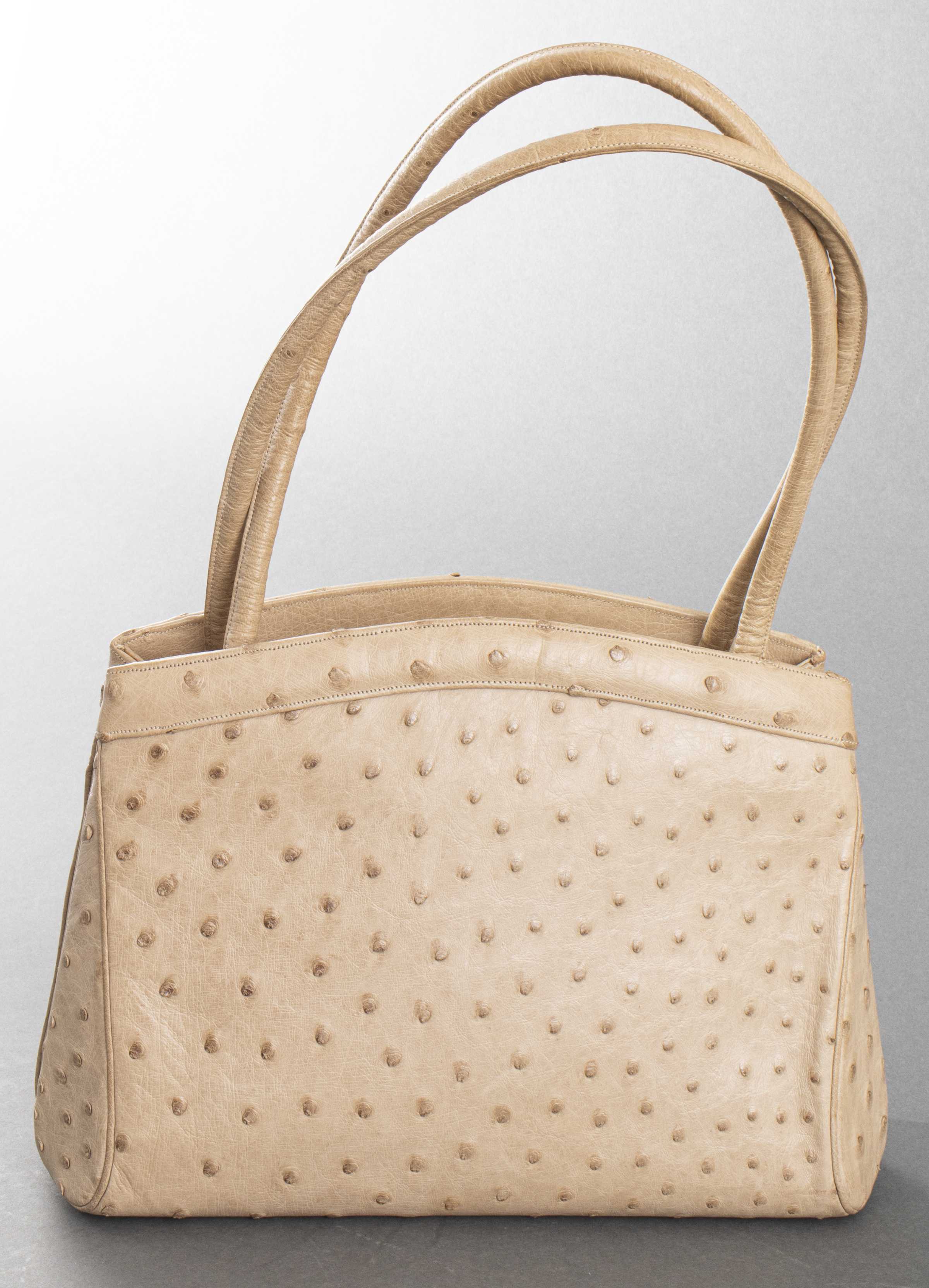 JUDITH LEIBER TAUPE OSTRICH HANDBAG