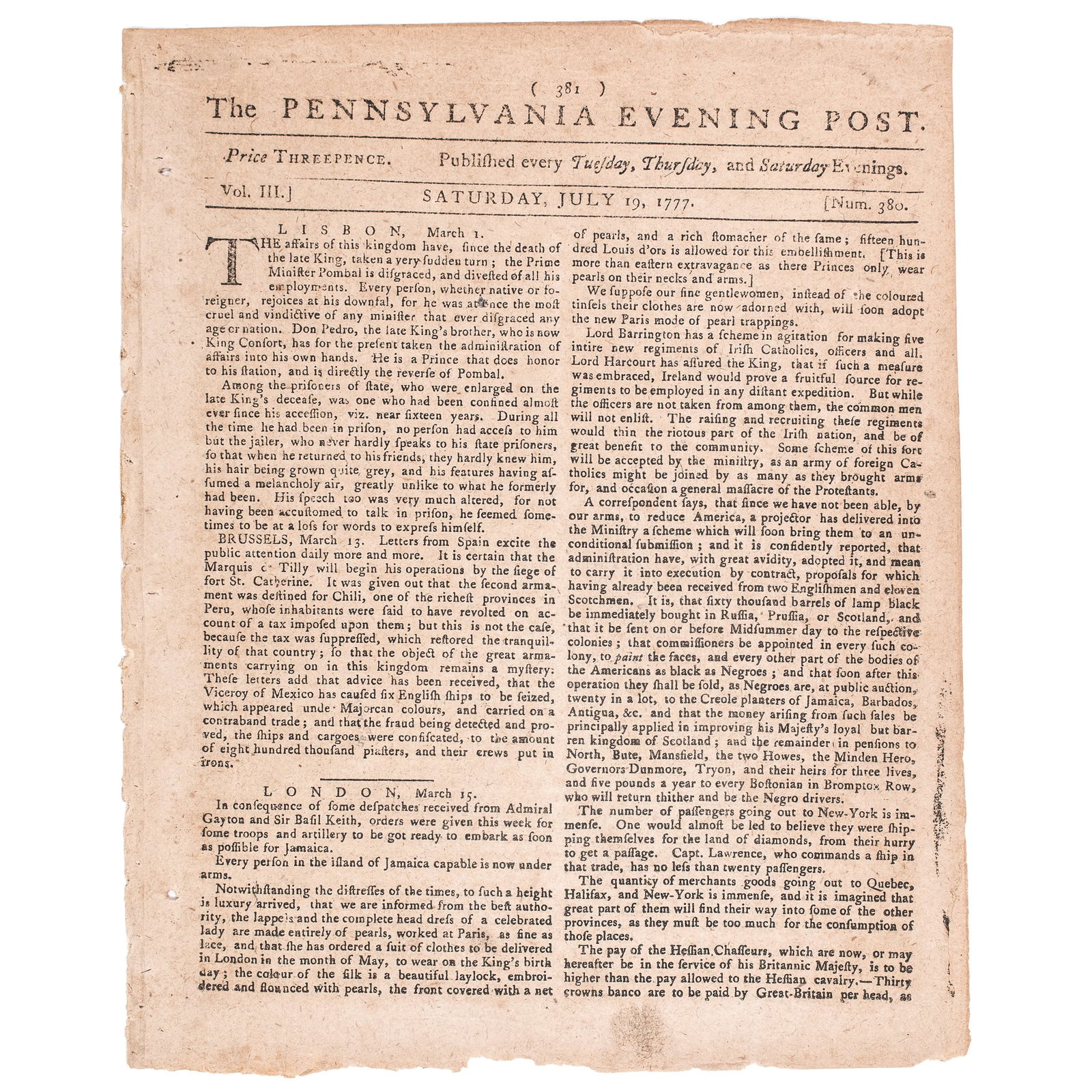 JULY 19, 1777 REV. WAR NEWSPAPER: