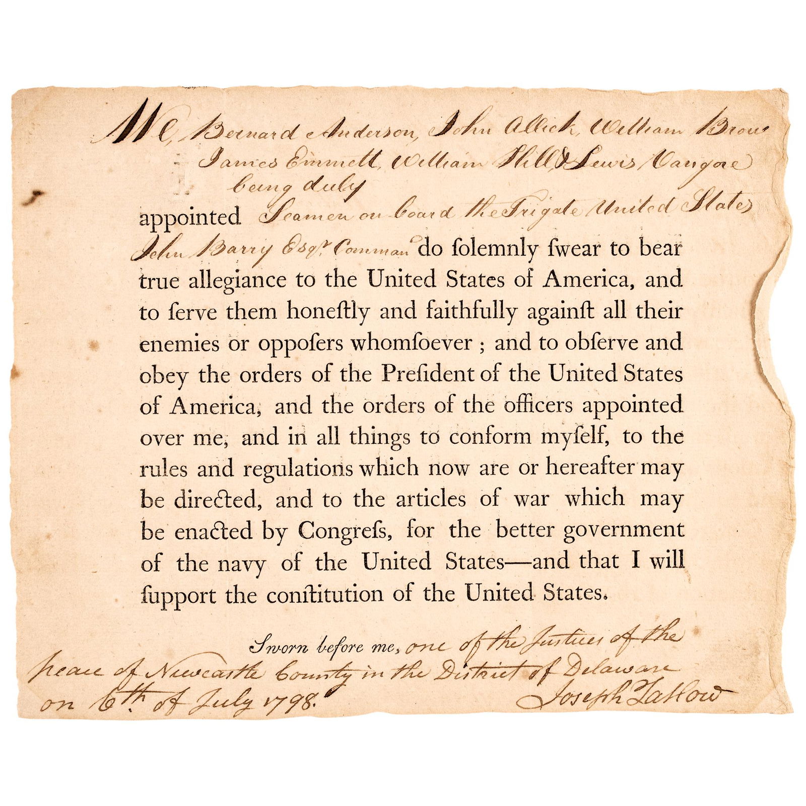 JULY 6TH 1798 NAVAL SAILORS OATH OF