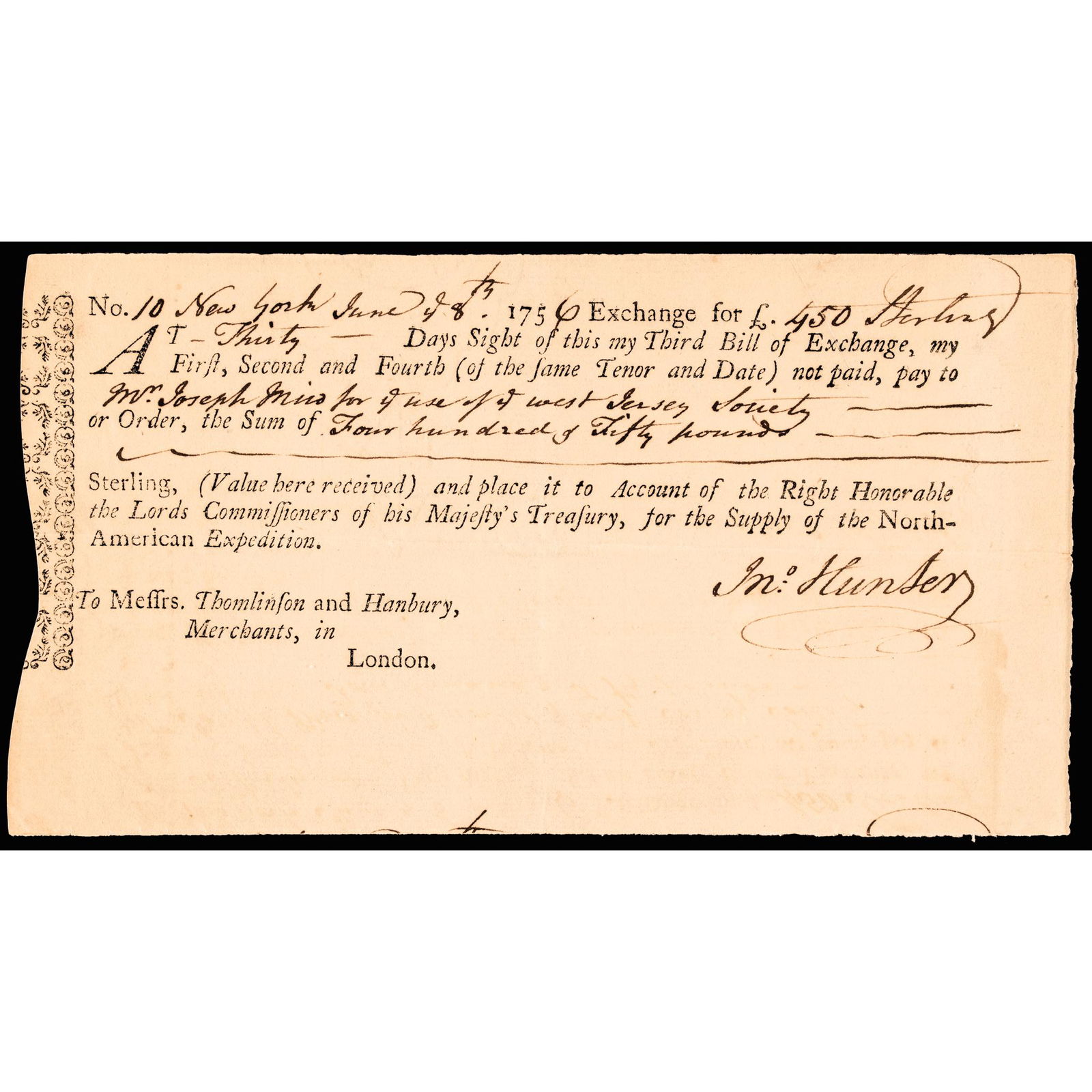 JUNE 1756 BILL OF EXCHANGE, 450