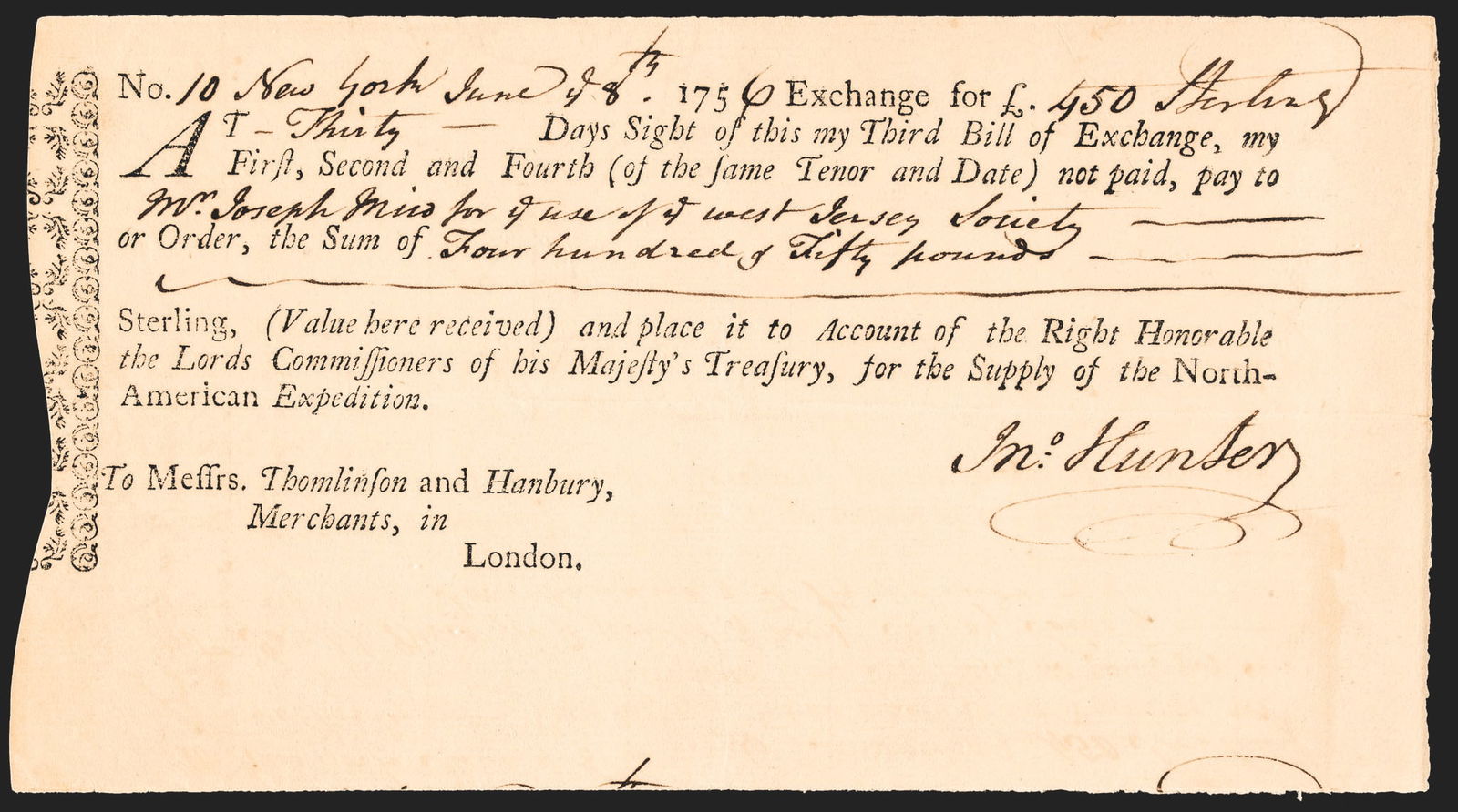 JUNE 1756 BILL OF EXCHANGE, 450