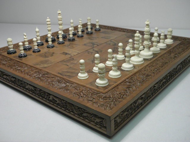 Kashmir carved ivory chess set with