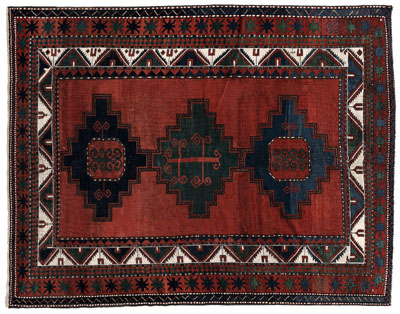 Kazak rug, three stepped blue and