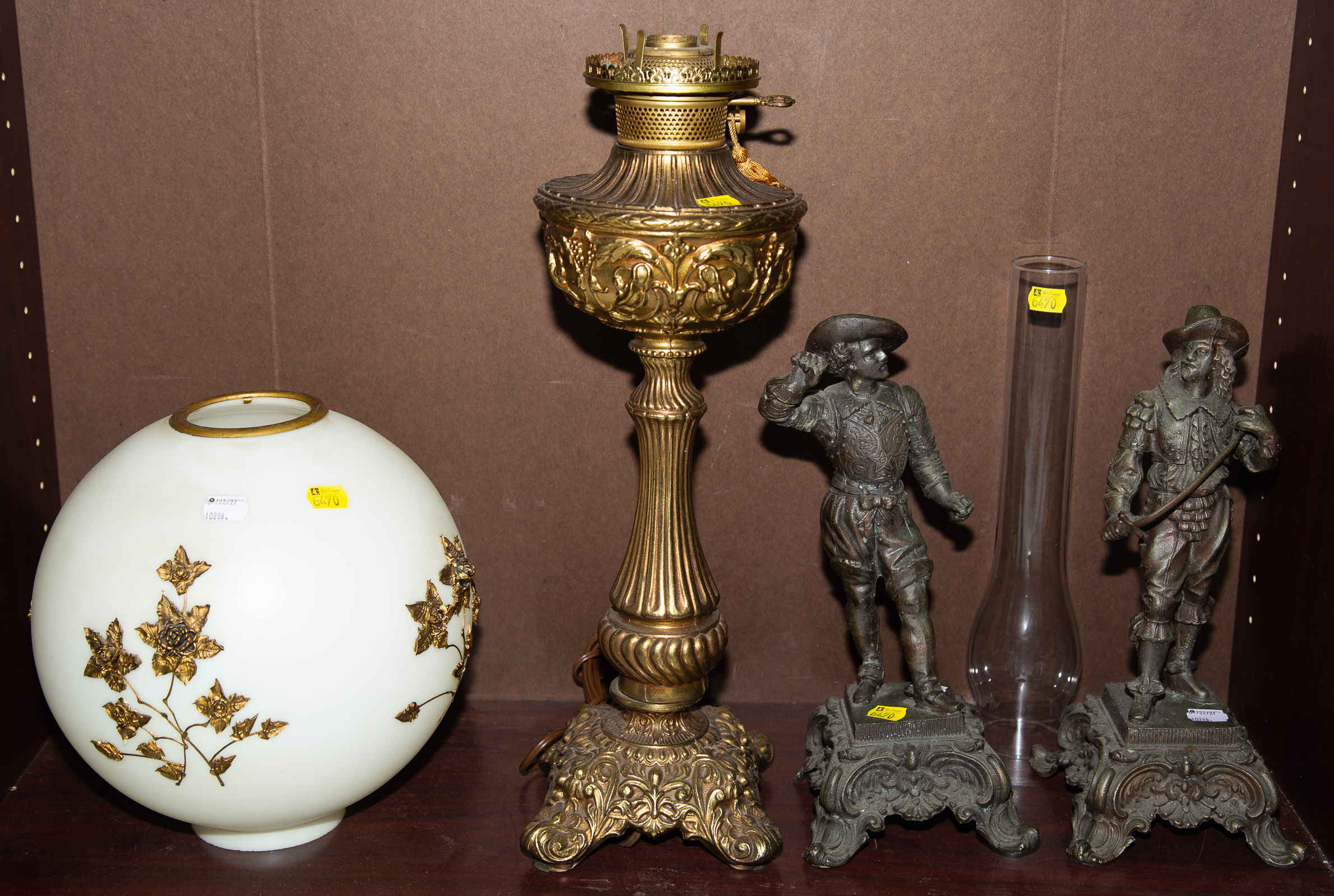 KEROSENE LAMP; PAIR OF SPELTER