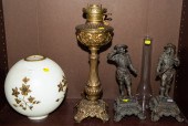 KEROSENE LAMP; PAIR OF SPELTER