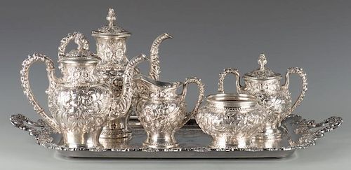KIRK REPOUSSE STERLING TEA SET, 5