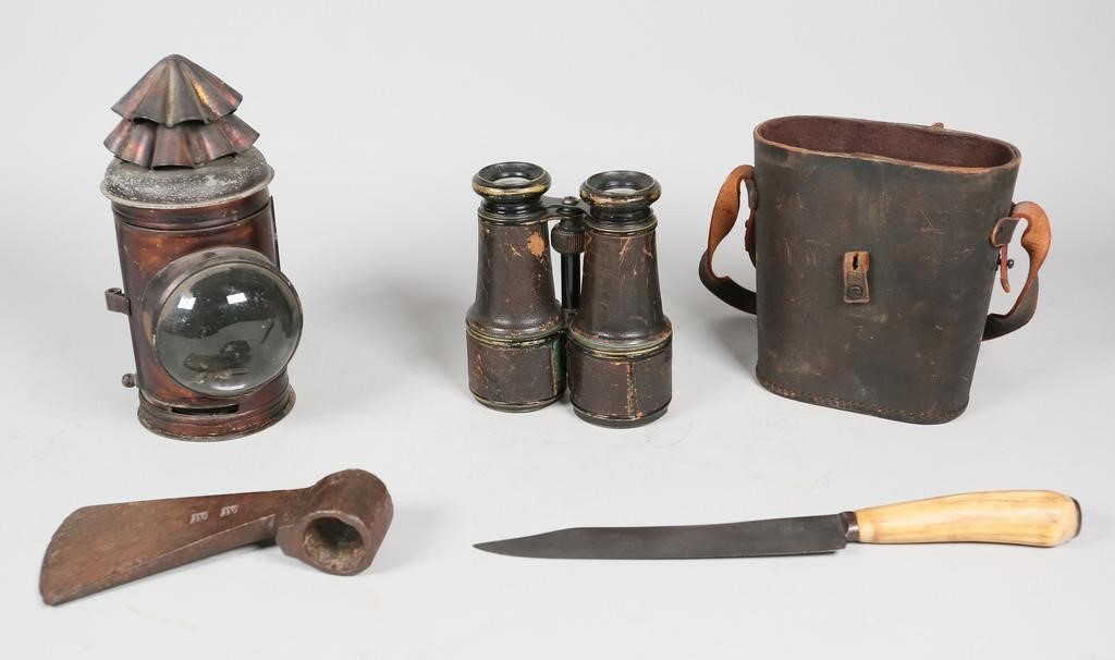 KNIFE, HATCHET, DIETZ OIL LAMP &