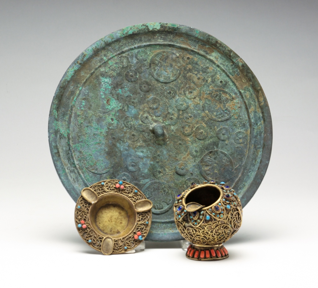 KOREAN MIRROR AND TWO ASHTRAYS.