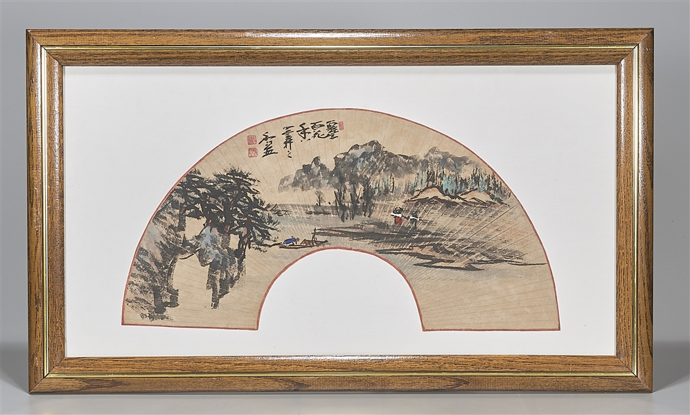 Korean painted paper fan; framed;