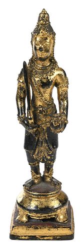 LACQUERED AND GILT BRONZE FIGURE OF