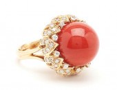 LADIES 18K CORAL & DIAMOND RIN