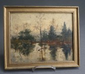 LAKESIDE LANDSCAPE SCENE, OIL