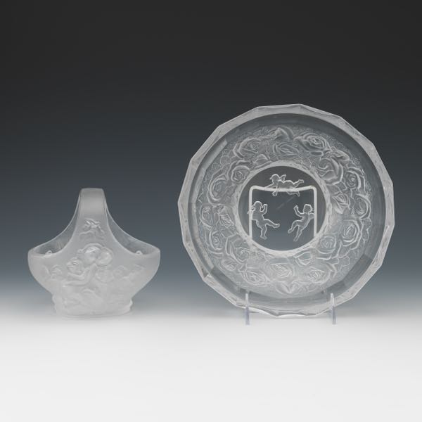 LALIQUE CHERUB BOWL AND BASKET 