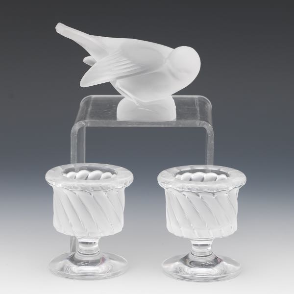 LALIQUE CRYSTAL SPARROW AND TWO LOW