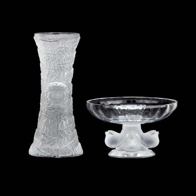 LALIQUE, CRYSTAL VASE AND FOOTED