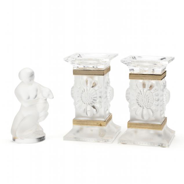 LALIQUE, FIGURINE AND PAIR OF