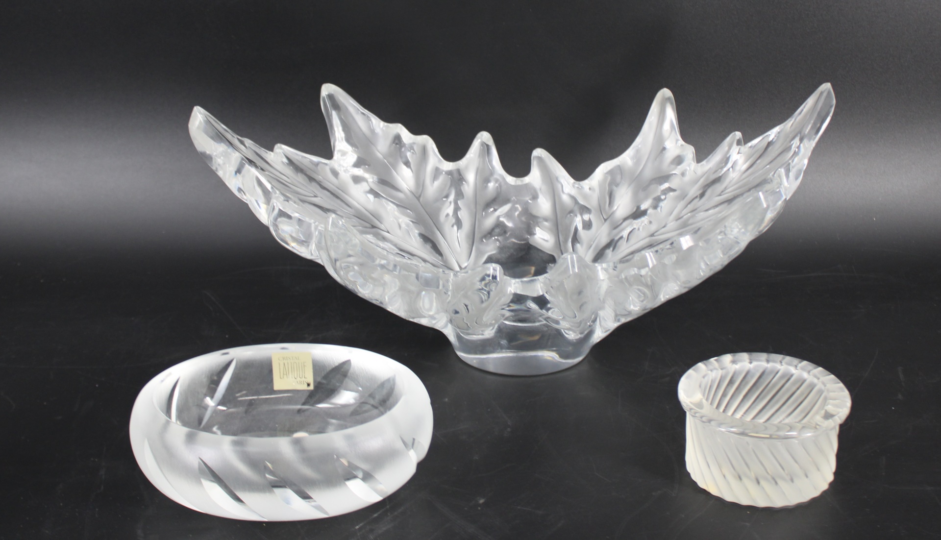 LALIQUE FRANCE GLASS LEAF OWL & 2