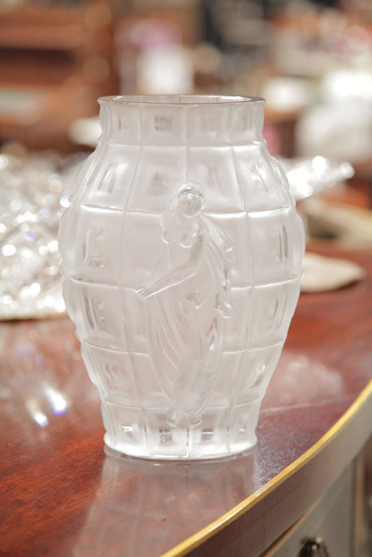 LALIQUE VASE. Checkered body having