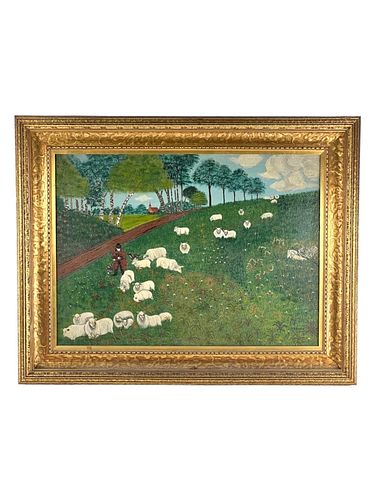 LANDSCAPE OIL ON CANVAS SHEEP IN