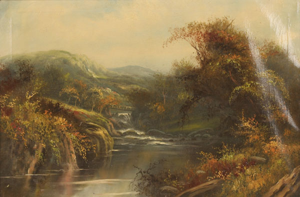 Landscape with bridge; oil on