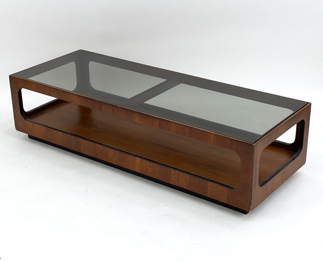 LANE WALNUT AND SMOKED GLASS COFFEE