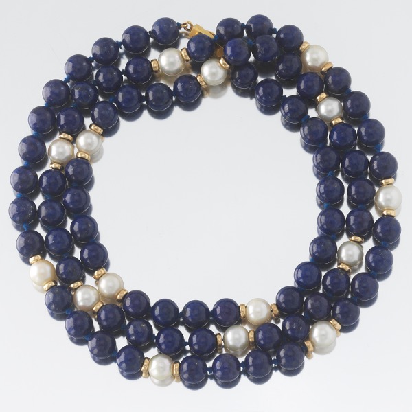 LAPIS, GOLD AND PEARL NECKLACE  34"