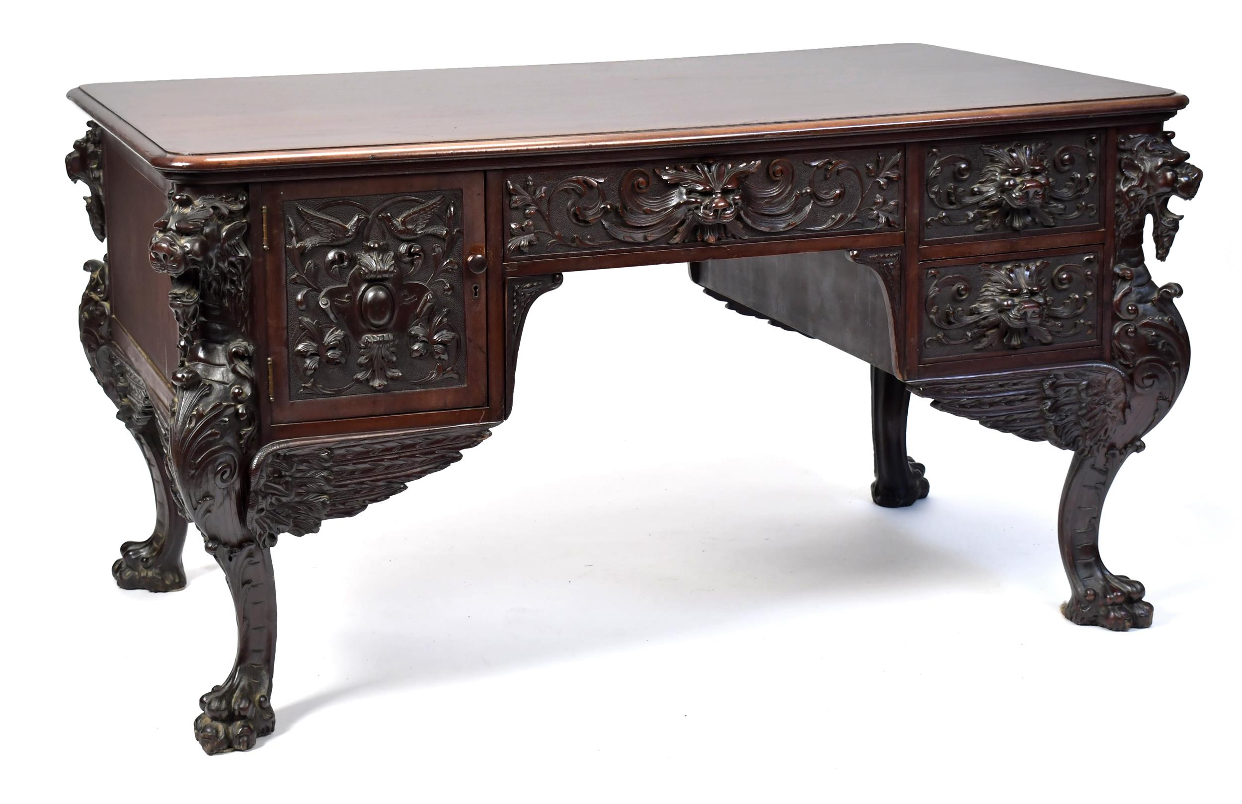 LARGE 19TH C. CARVED HORNER DESK