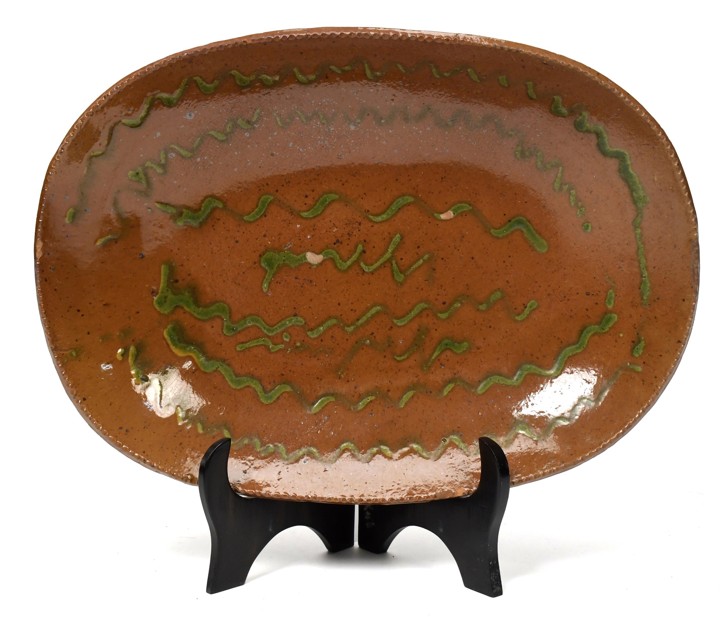 LARGE 19TH C. REDWARE LOAF DISH.