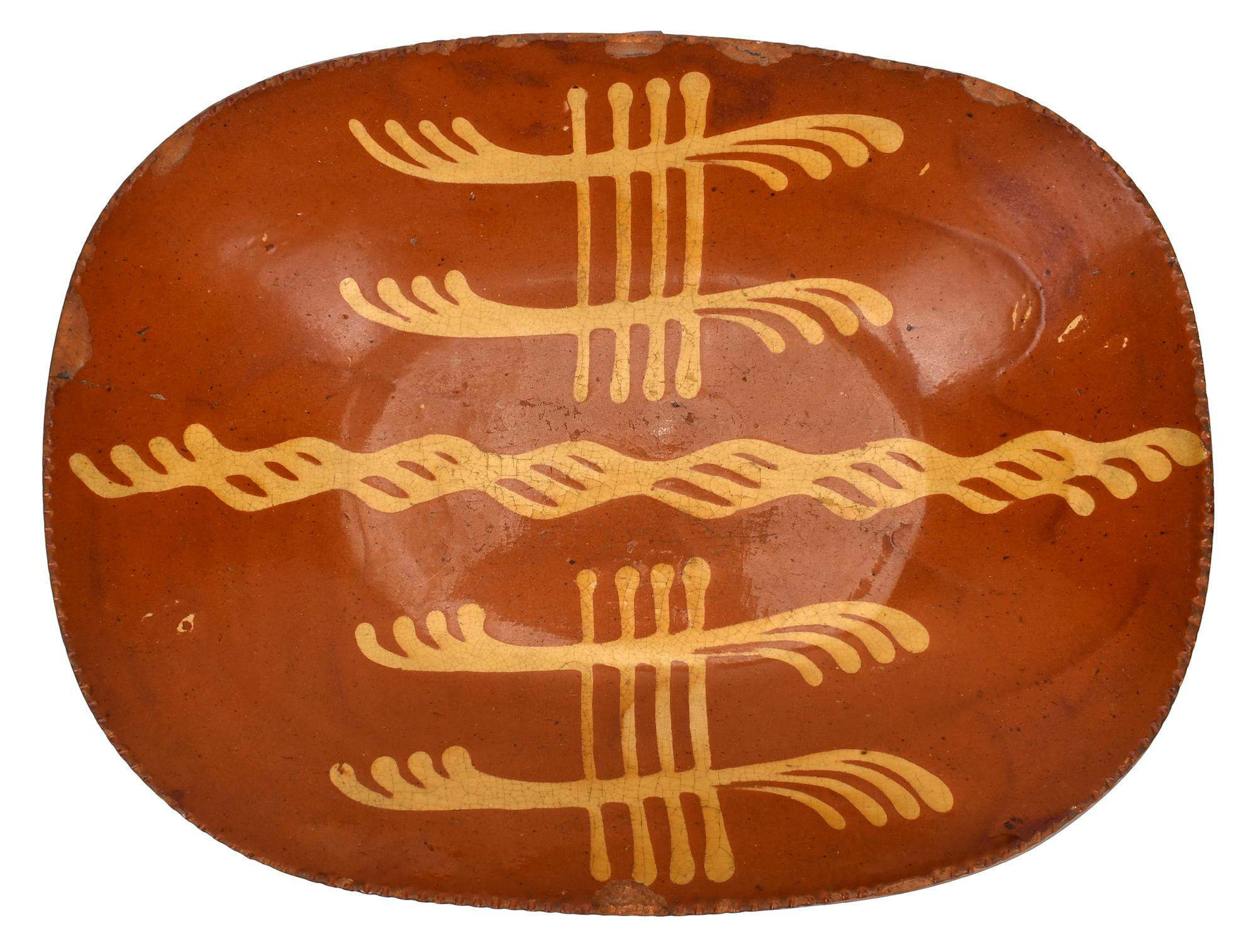 LARGE 19TH C. REDWARE LOAF DISH.