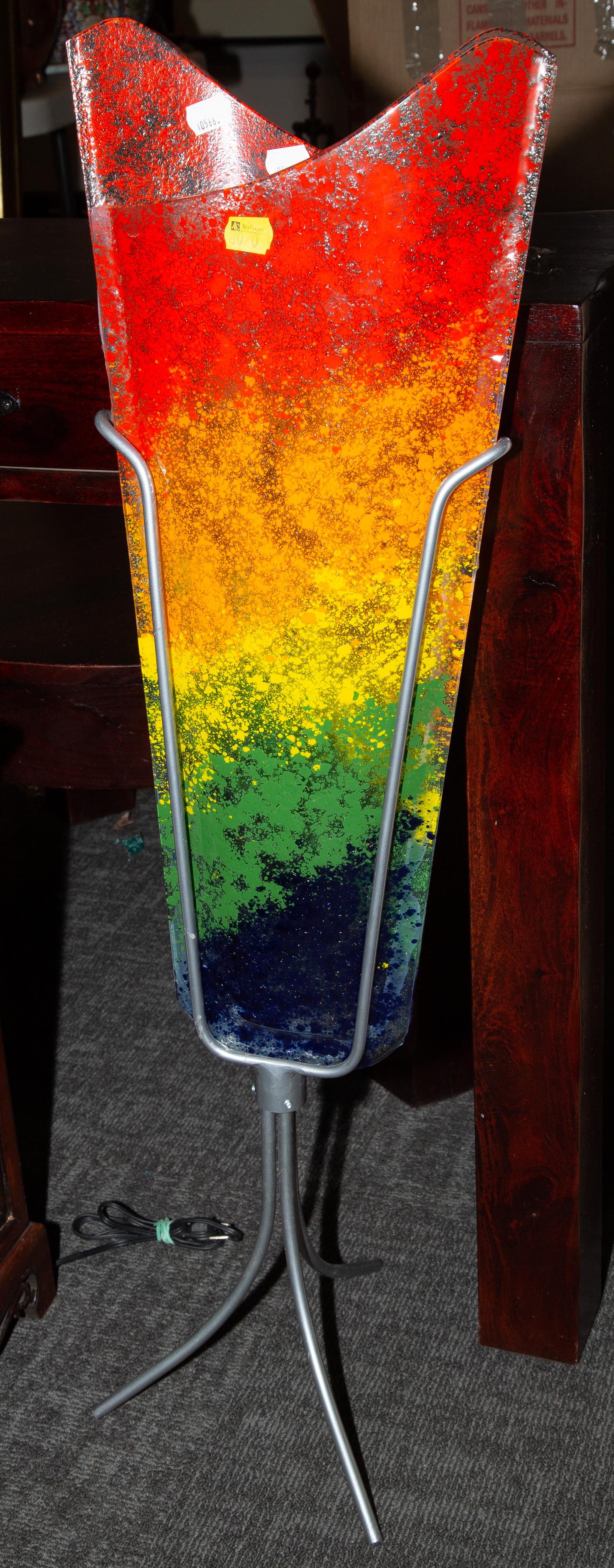 LARGE ART GLASS VASE WITH METAL