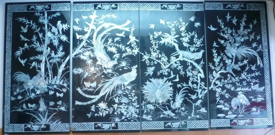 LARGE ASIAN FOUR PANEL MOTHER OF