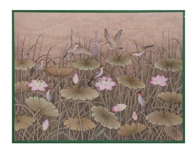 LARGE BALINESE PAINTING BIRDS &