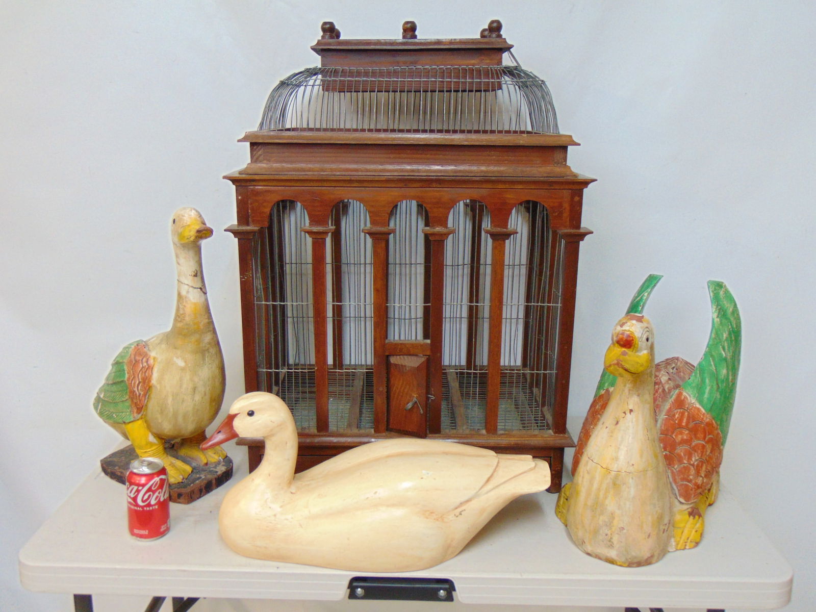 LARGE BIRD CAGE & 3 CARVED WOOD &