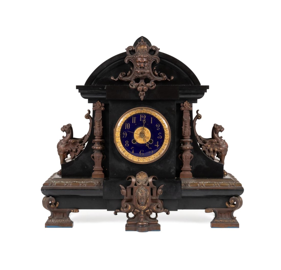 LARGE BLACK SLATE AND BRONZE MANTLE