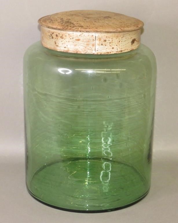 LARGE BLOWN GREEN GLASS CANISTER