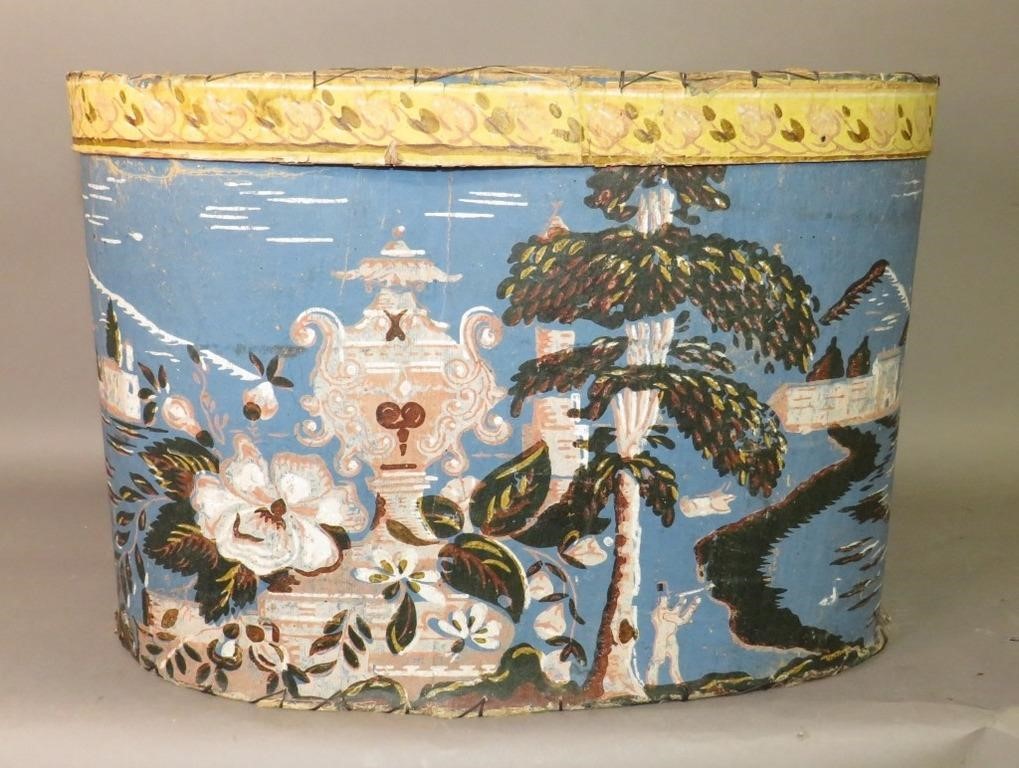 LARGE BLUE WALLPAPER HAT BOX WITH