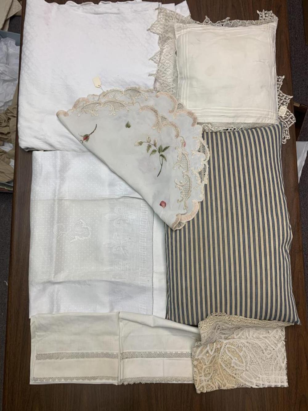 LARGE BOX LOT OF ANTIQUE BEDDING,
